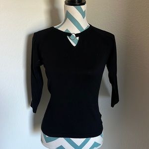 BCBG MaxAzria black shirt, peephole neck w/silver accent, 3/4 sleeves, S Medium